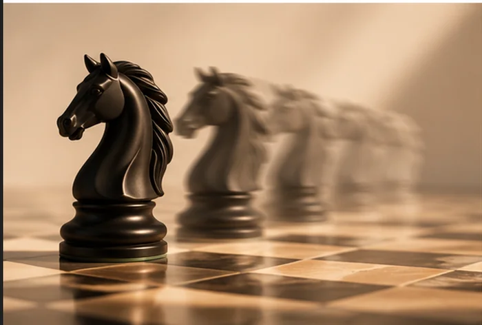 Caballo negro QCE en movimiento, con estela de desenfoque sobre tablero.