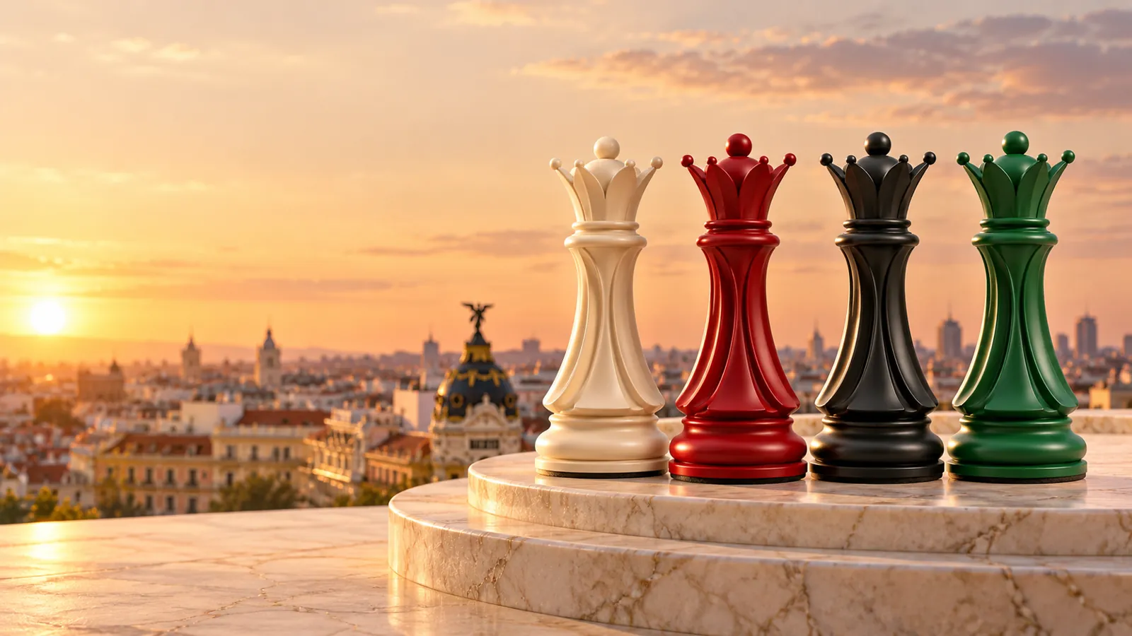 Quatro rainhas dos quatro exércitos (marfim, vermelha, preta e verde) sobre um pódio de mármore, com Madrid e o edifício Metrópolis ao fundo ao pôr do sol.