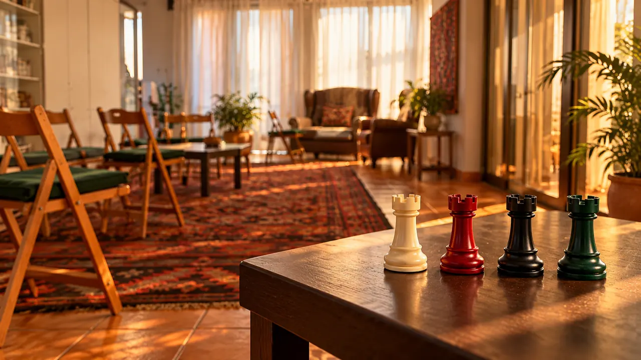 Sala de jogo com tapete kilim, cadeiras dobráveis com almofada verde e quatro torres.