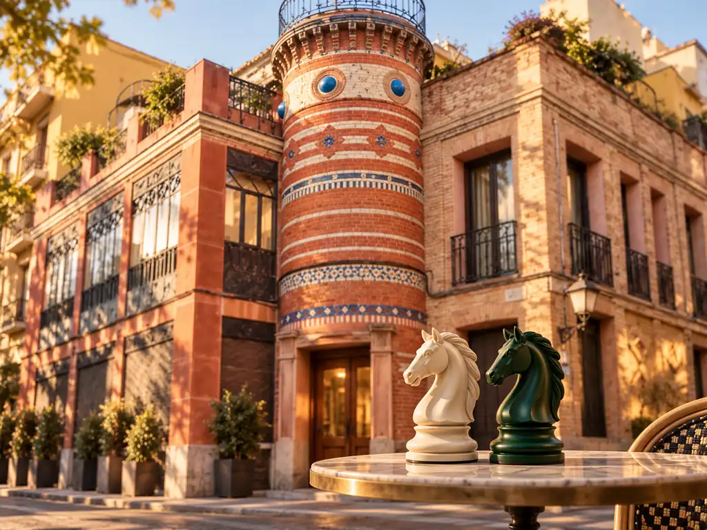 Fachada do Alcázar, com a sua torre de tijolo e azulejo, e cavalos marfim e verdes sobre um velador.